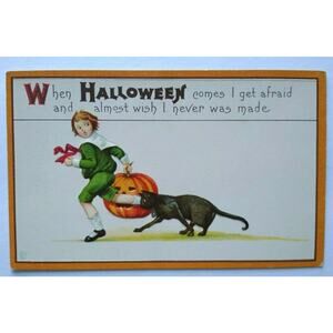Vintage Halloween Postcard JEP Series 63 F Black Cat Boy Original Unused Stecher
